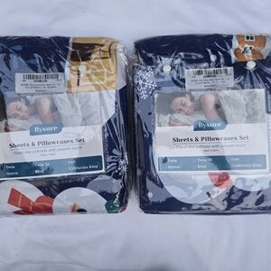 NWT 2 Sets Of Twin Sheets Set Kids Blue 3 Pieces Snowman House Car Christmas